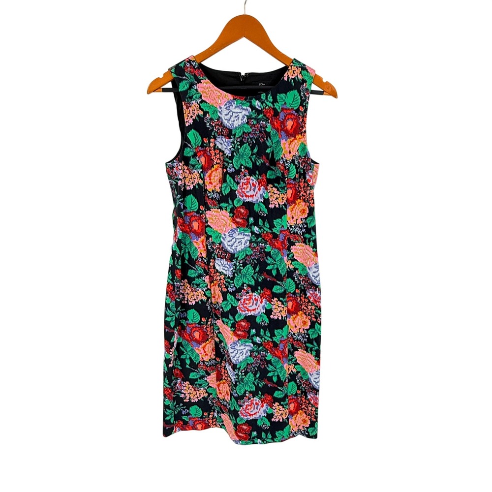 J. Crew Floral Sheath Dress Black Multicolor 8 Sleeveless Garden Party Preppy